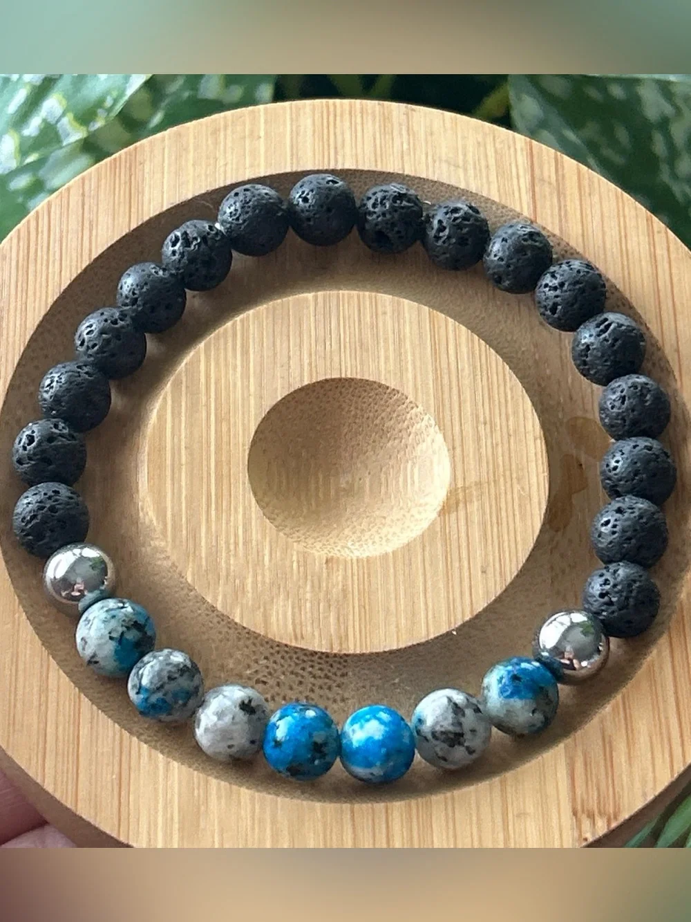 K2 stone + lava stone bracelet with silver hematite accents - Black and Blue